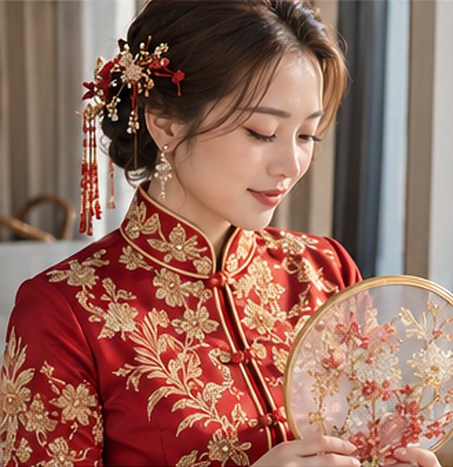 Bride in a red and gold embroidered Chinese wedding jacket with a tasselled hairpin and round fan