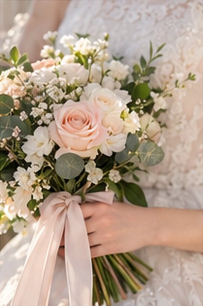 Bride holding a bouquet of blush roses and white blooms tied with a satin ribbon