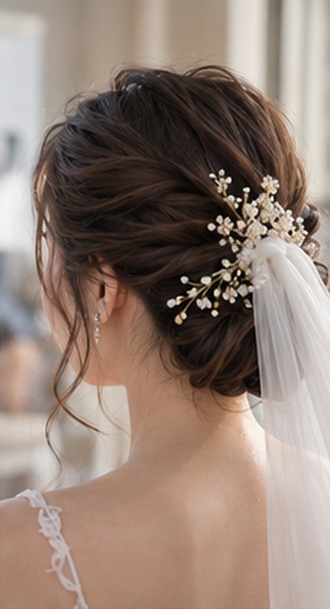 Back view of a soft low bridal updo with baby’s breath hair accessories and veil