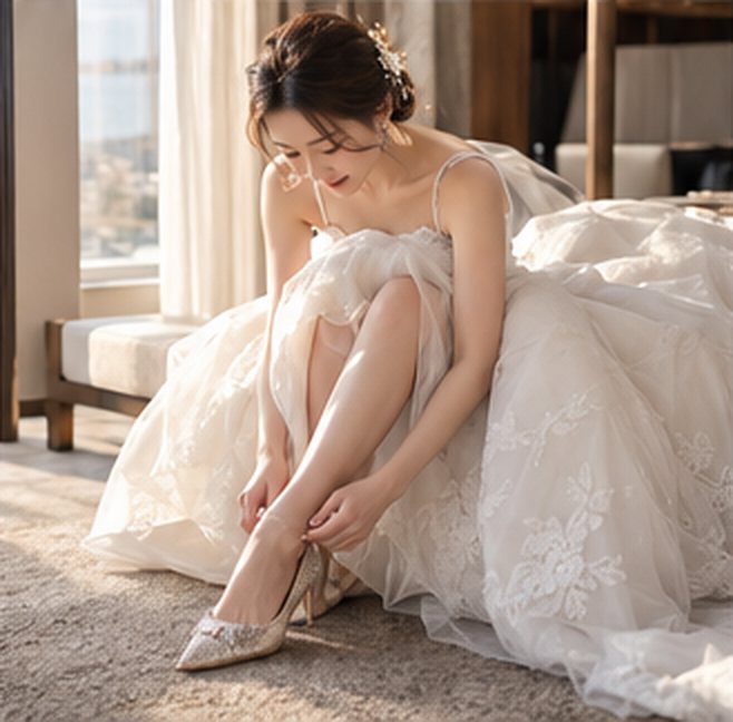 Bride in her gown fastening her shoes in a sunlit hotel room on her wedding morning