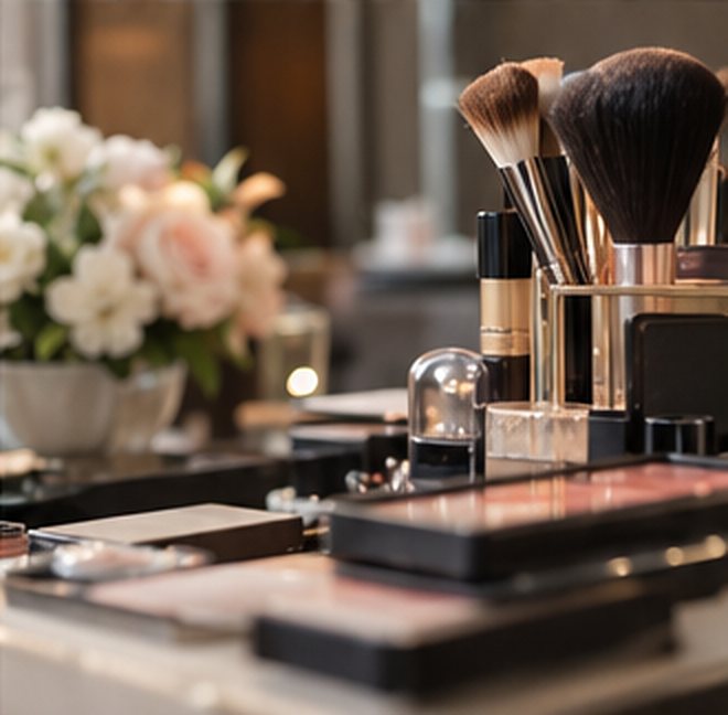 Makeup brushes, palettes and fresh flowers laid out on a dressing table
